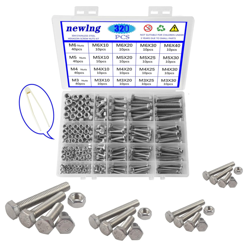 M3 M4 M5 M6 Bolts and Nuts Assortment Kit 320 PCS Metric 304 Stainless Steel Hex