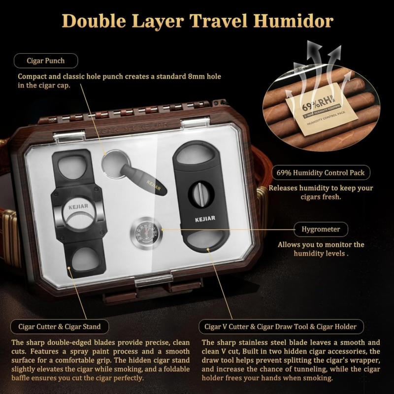 Travel Cigar Humidor Set with Cutters, Puncher, and Hygrometer - Dark