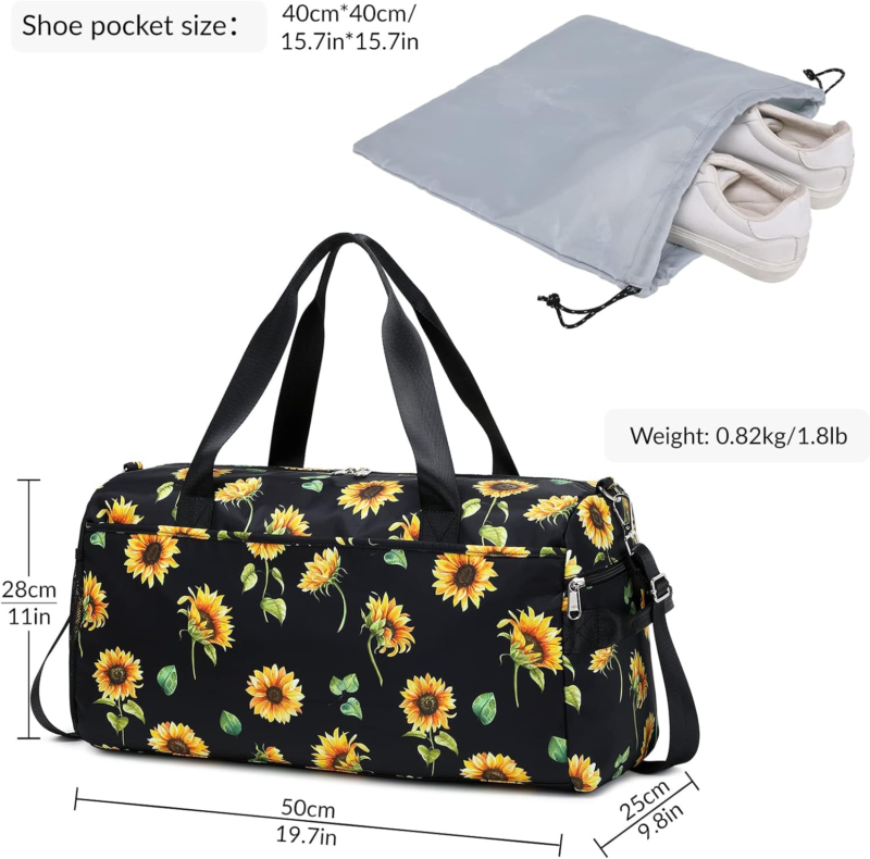 Weekender Carry on Bag, Large Overnight Bag for ladies, Sunflowers Black