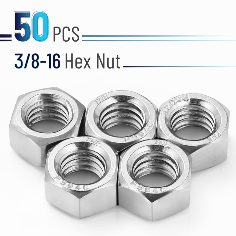 Bates Stainless Steel Hex Nuts 3/8-16, 50 Pack, Durable Hardware Fasteners