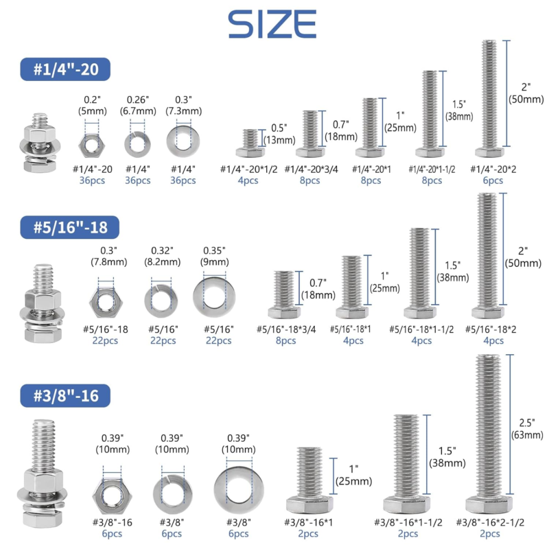 252 Pcs Nuts and Bolts Assortment Kit, 304 Stainless Steel Hex Bolts and Nuts Wa