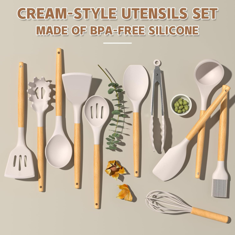 33-Piece Non-Stick Silicone Kitchen Utensils Set with Holder (Khaki)