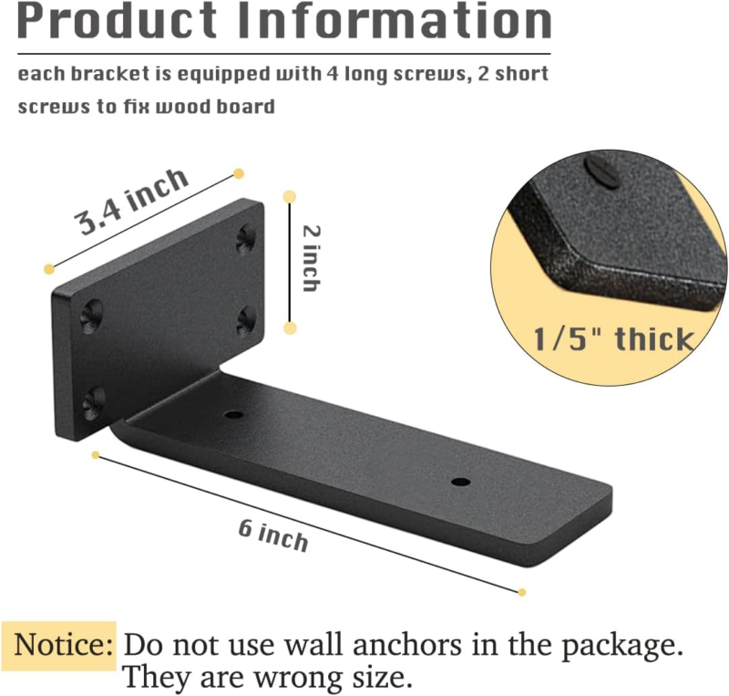 4 Pack 6 Inch Heavy Duty Floating Shelf Brackets - 1/5 Inch Thick Iron, w/Screw