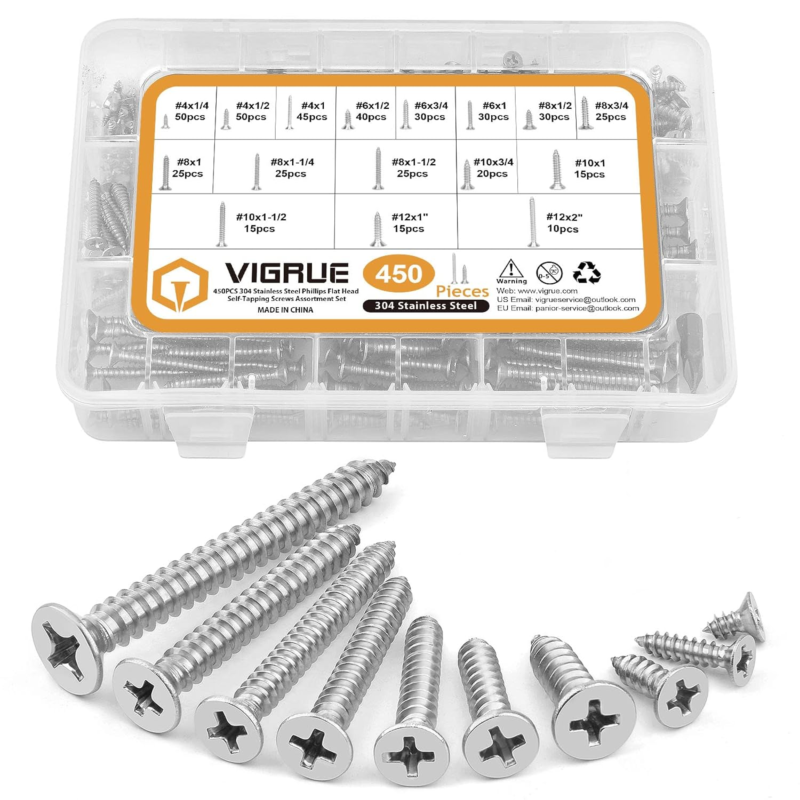 450Pcs Stainless Steel Wood Screws Kit, Phillips Flat Head, 5 Sizes, 1/4”-2