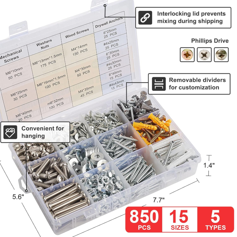 850 PCS Screws Assortment Kit Drywall Anchors Set Includes 15Sizes 