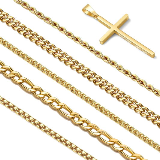 Men's 6-Piece Gold Stainless Steel Chain Necklace Set with Cross Pendant