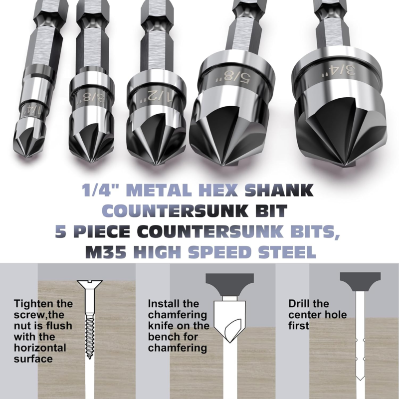 M35 Cobalt Countersink Drill Bit Set for Metal,1/4'' 3/8'' 1/2'' 5/8'' 3/4'' Set