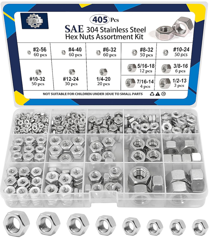 Stainless Steel Hex Nuts Assortment Kit - 405 Pcs SAE Sizes