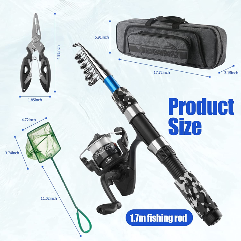 Fishing Rod and Reel Combo Collapsible Fishing Rod 2Pcs,  Lures Hooks+Carry Bag