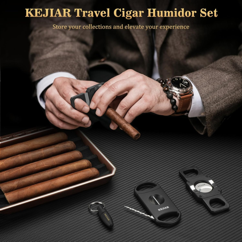 Travel Cigar Humidor Set with Cutters, Puncher, and Hygrometer - Dark