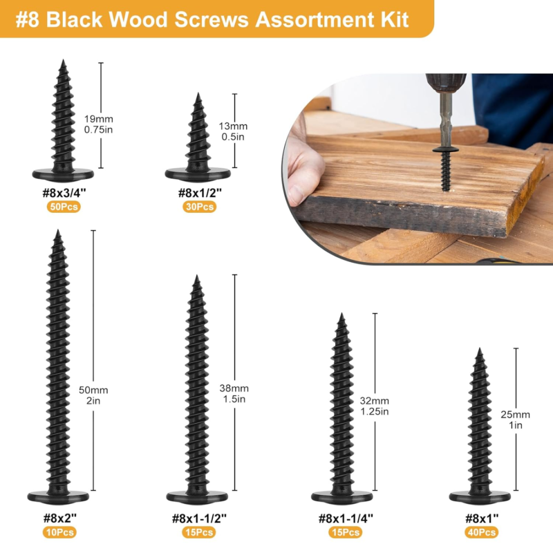 160-Pc #8 Truss Head Self-Tapping Wood Screws Kit - Black Zinc, 6 Sizes