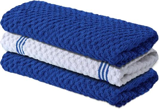 Premium 100% Cotton Kitchen Towels - Pack of 3, 15x25 Inches, Blue