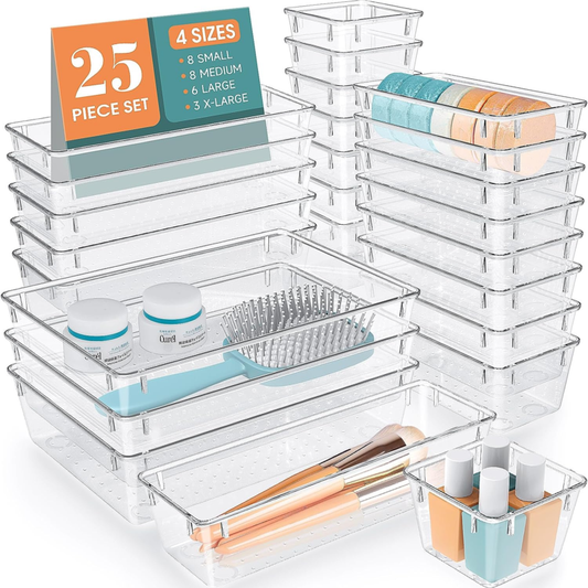 25-Piece Clear Plastic Drawer Organizer Set for Home and Office Storage