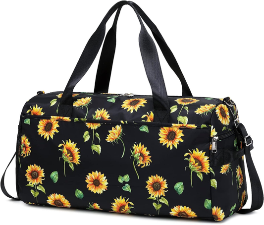 Weekender Carry on Bag, Large Overnight Bag for ladies, Sunflowers Black
