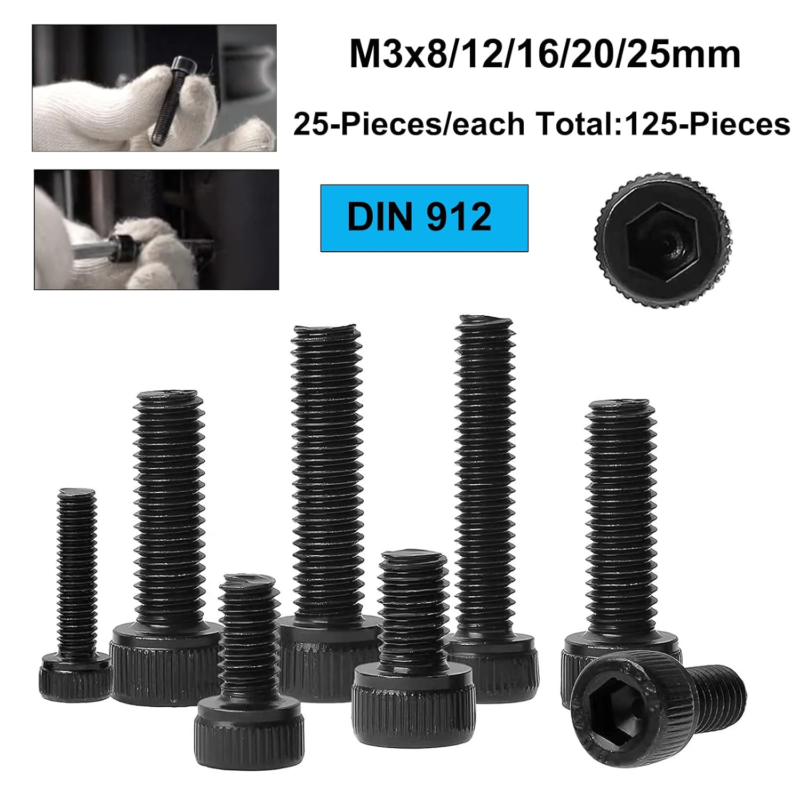 125PCS M3 Hex Socket Head Cap Screws, Grade 12.9 Steel, Black Oxide Finish