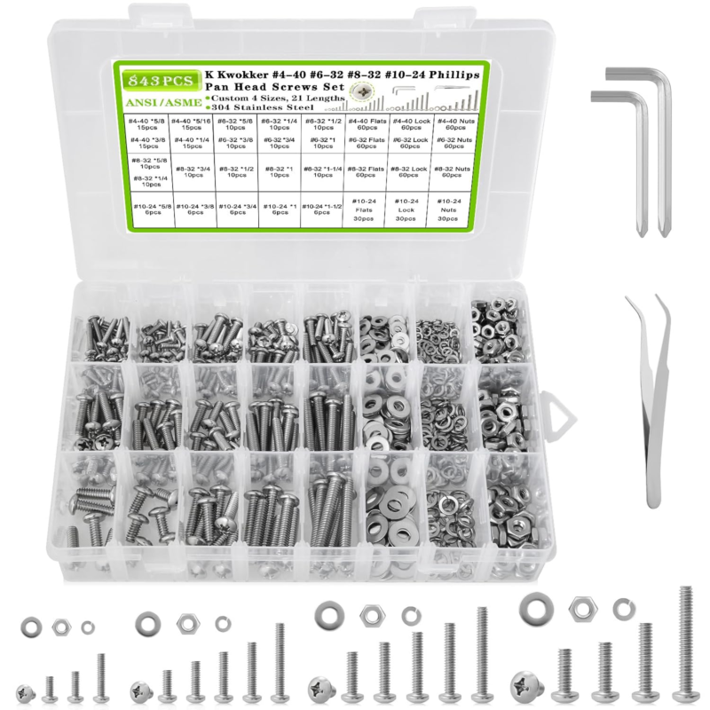 843 Pcs Assortment Kit Phillips Pan Head Machine Screws, 21 Sizes 304 Stainless 