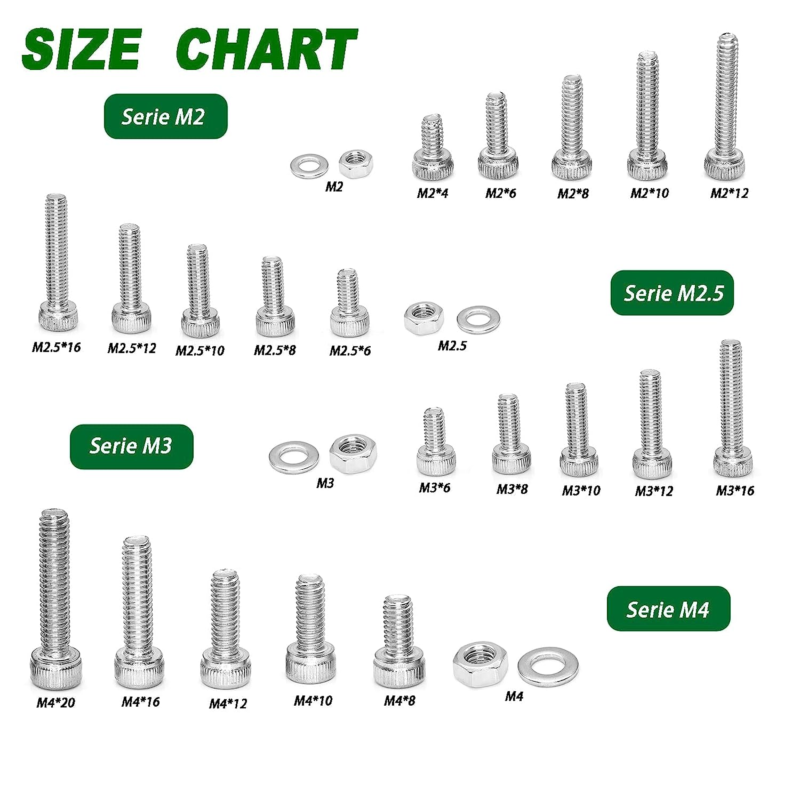 1200Pcs M2/M2.5/M3/M4 Hex Socket Head Cap Screws Bolts Nuts Washers Assortment K