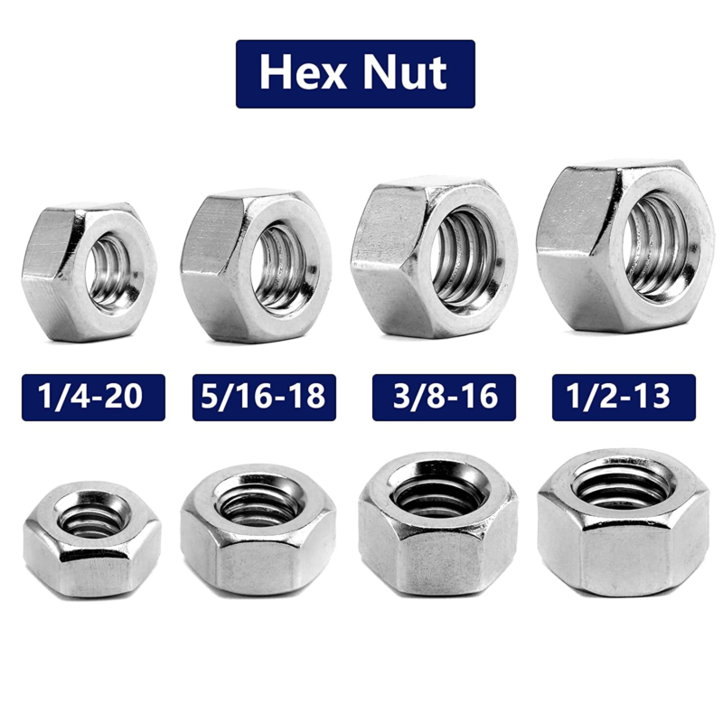 304 Stainless Steel 1/4-20 Hex Nuts, 100 Pack, Full Thread, Bright Finish