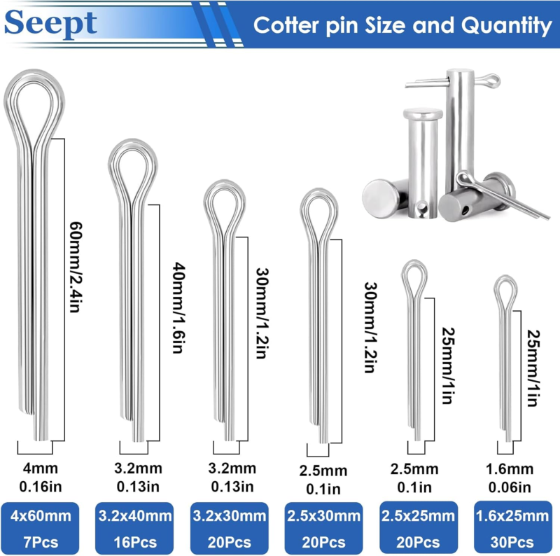 Stainless Steel Cotter Pin Assortment Kit - 200 Pcs for Hitch Pin Lock System