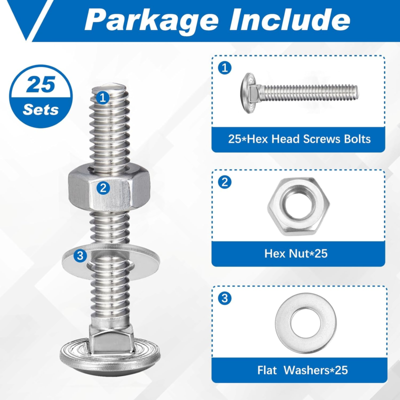 25 Sets Stainless Steel Carriage Bolts and Nuts Kit round Head Square Neck Carri