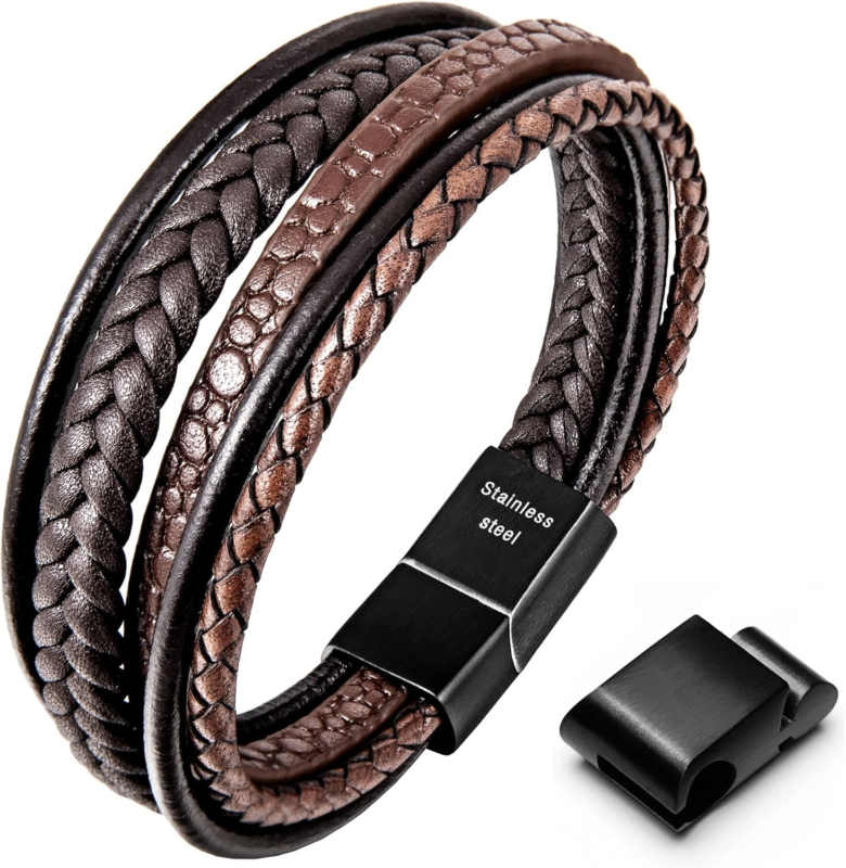 Adjustable Leather Bracelet with Stainless Steel Clasp for Men and Women