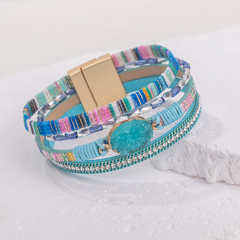 Boho Leather Wrap Bracelet with Crystal Accent