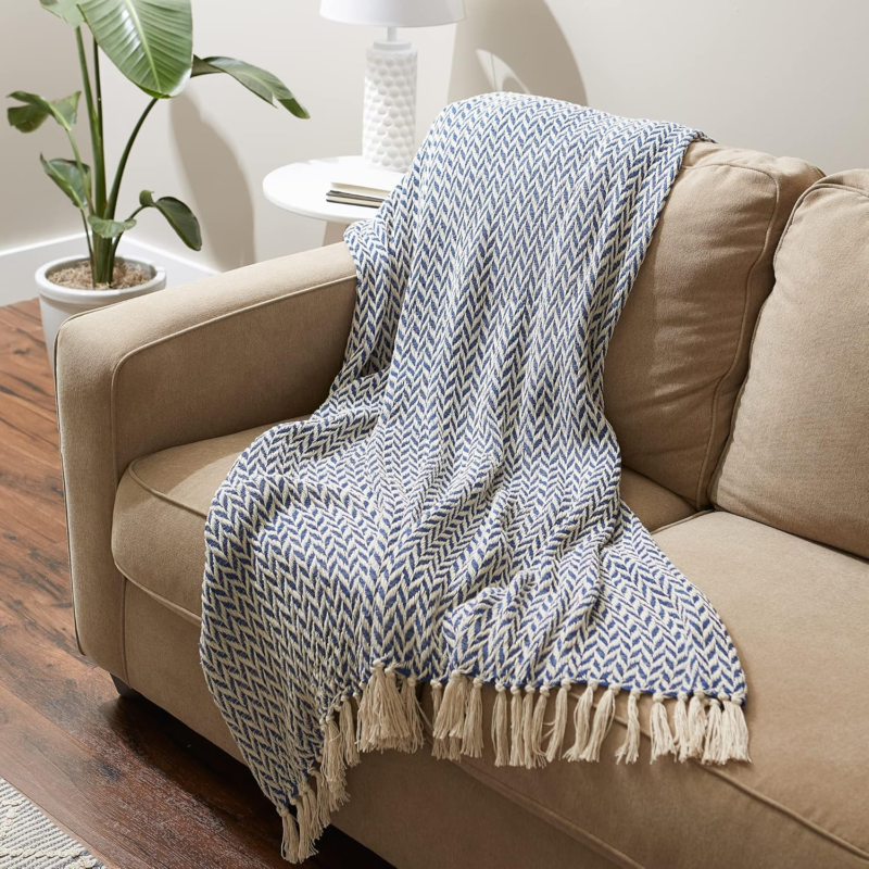 Modern Zig Zag Woven Cotton Throw Blanket with Fringe, French Blue 50x60