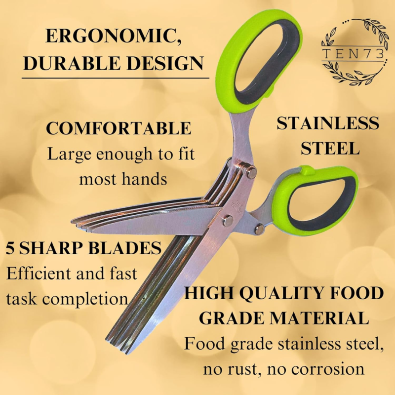 Stainless Steel 5-Blade Herb Scissors with Safety Cover and Cleaning Comb