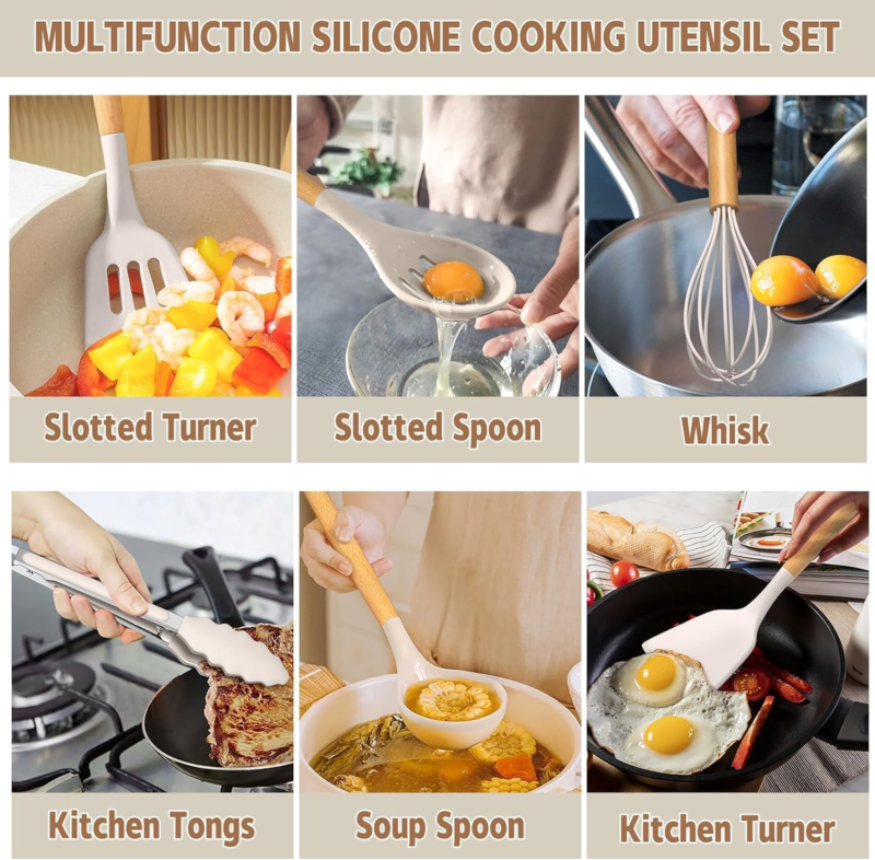 33-Piece Non-Stick Silicone Kitchen Utensils Set with Holder (Khaki)