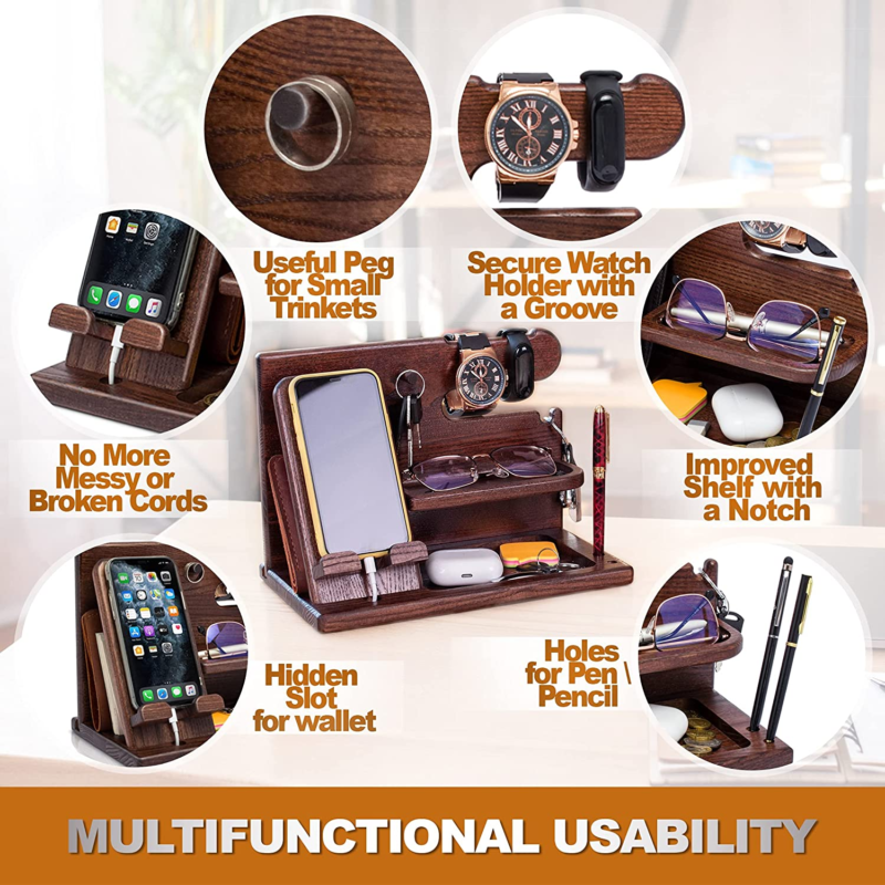 Wooden Phone Docking Station - Elegant Desk Organizer for Men