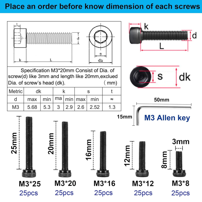 125PCS M3 Hex Socket Head Cap Screws, Grade 12.9 Steel, Black Oxide Finish