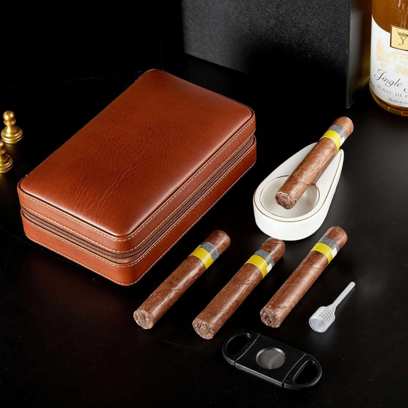 Cedar Wood Cigar Case Set with Cutter, Humidifier, Ashtray & Towel