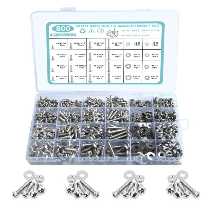 800 Pcs Nuts and Bolts Assortment Kit,  Stainless Steel Phillips Pan Head Machin