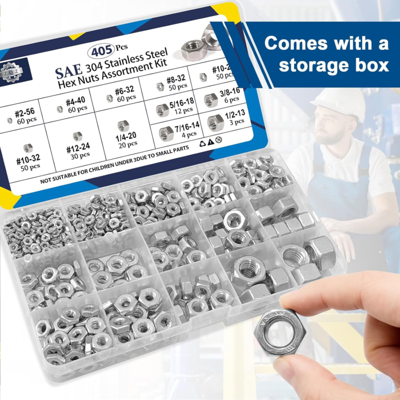 Stainless Steel Hex Nuts Assortment Kit - 405 Pcs SAE Sizes