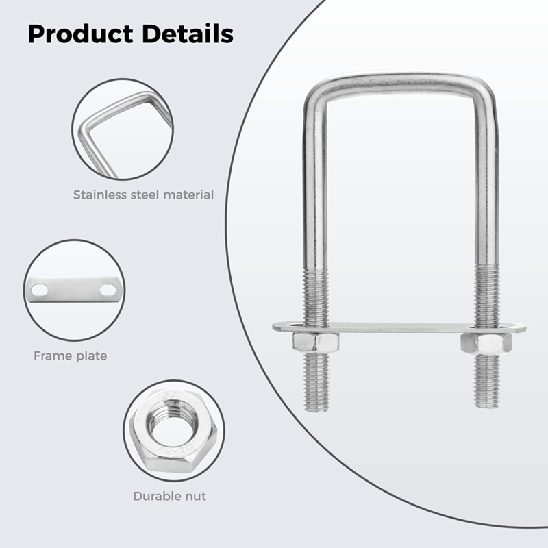 Stainless Steel Square U-Bolt with Nuts & Plate for Trailer, 2” W X 4.3” L