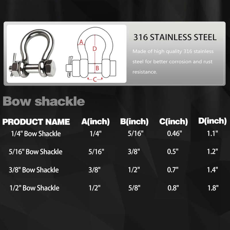 316 Stainless Steel Marine Bow Shackle Set with Cotter Pin - 1/4" to 1/2