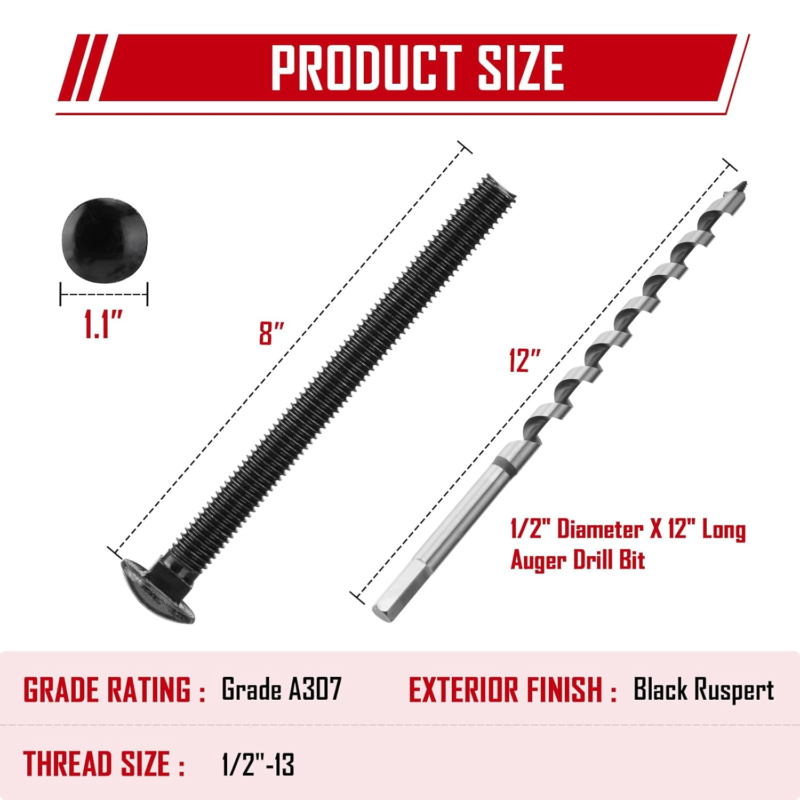 Carriage Bolt Kit with Auger Drill Bit - 12 Bolts, Washers, and Nuts