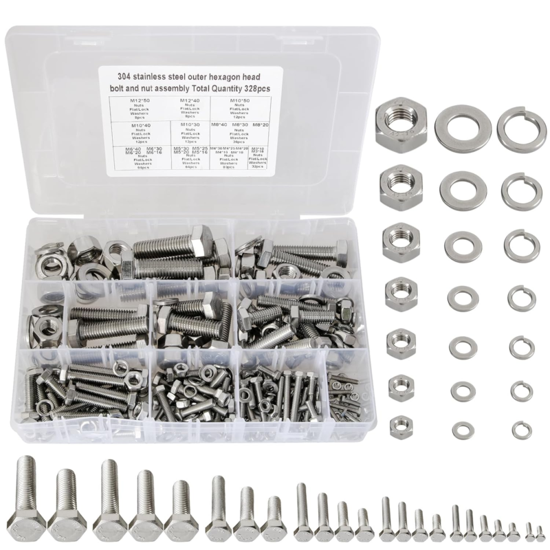 Metric Bolt Assortment Kit, 328PCS 304 Stainless Steel Screws, Nuts, Washers