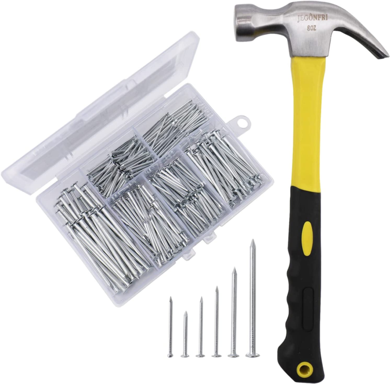 376 Pcs Hardware Nails Assortment Kit with 2" Nails & 8Oz Claw Hammer