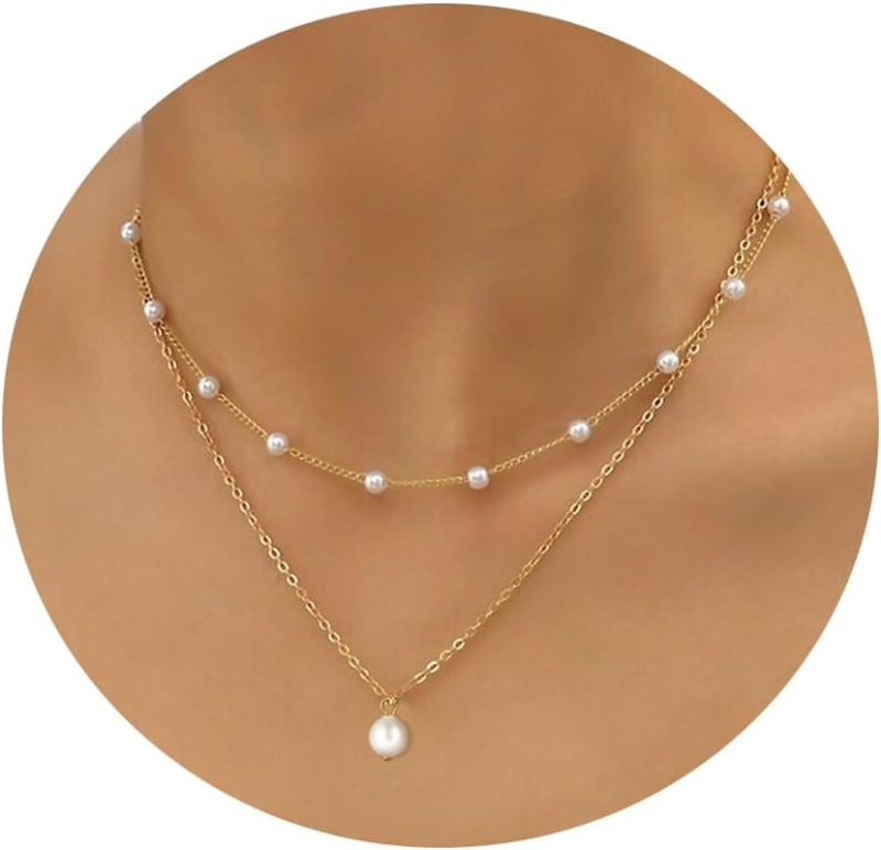 14K Gold Plated Layered Pearl Necklace for Women - Elegant Gold Jewelry