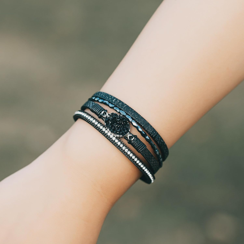 Boho Leather Wrap Bracelet with Crystal Accents