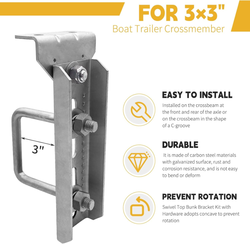 8" Swivel Bunk Bracket Kit - 4 Pack with Hardware for 3"x3" Trailers