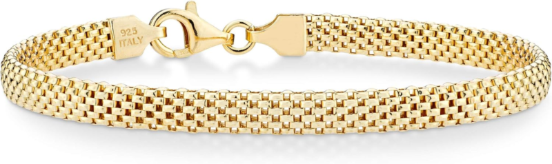 18K Gold Plated Sterling Silver 5mm Italian Mesh Link Bracelet for Women, 7.5"