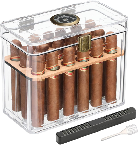 Acrylic Cigar Humidor with Hygrometer, Cedar Tray, Holds 18-50 Cigars