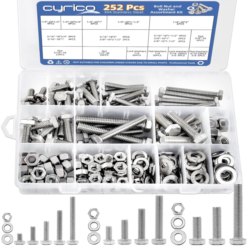 252 Pcs Nuts and Bolts Assortment Kit, 304 Stainless Steel Hex Bolts and Nuts Wa