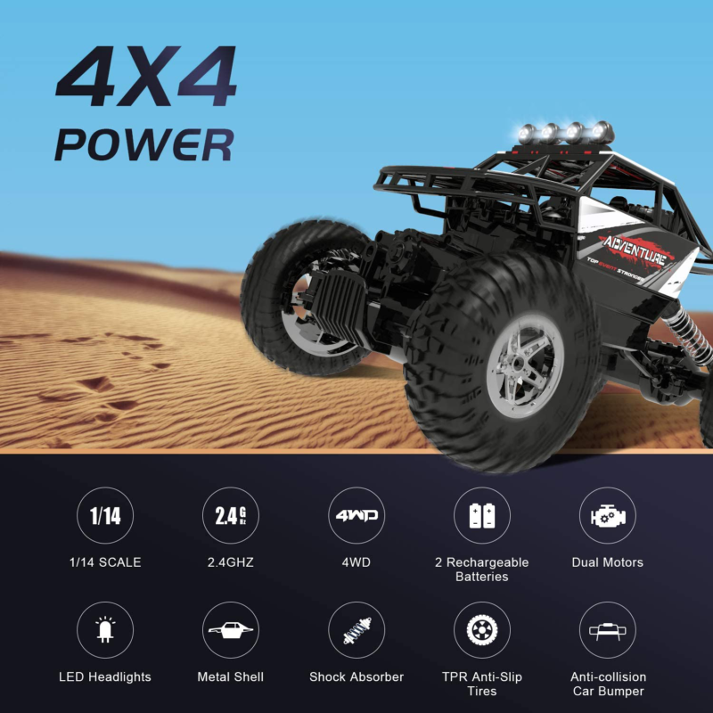 RC Cars Remote Control Car 1:14 Off Road Monster Truck, Metal Shell 4WD Dual Mot