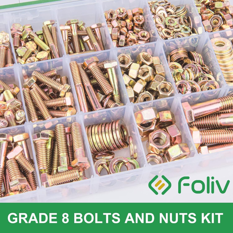 608Pcs Grade 8 Bolts and Nuts Assortment Kit, 1/4-20, 5/16-18, 3/8-16, 1/2-13 He