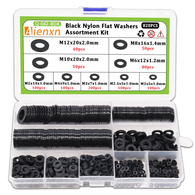 820PCS Black Nylon Flat Washers Assortment Kit, 9 Metric Sizes