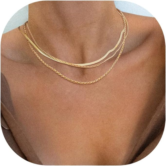 Dainty 14K Gold Plated Herringbone Necklace for Women - Elegant Layered Choker