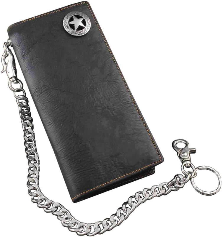 Men's Black Leather Biker Wallet with Chain and Concho Design